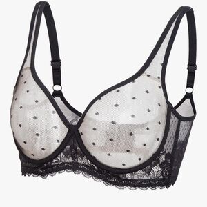 Elegant Black And Nude Sheer Mesh Lace Bra Floral And Polka Dot Design